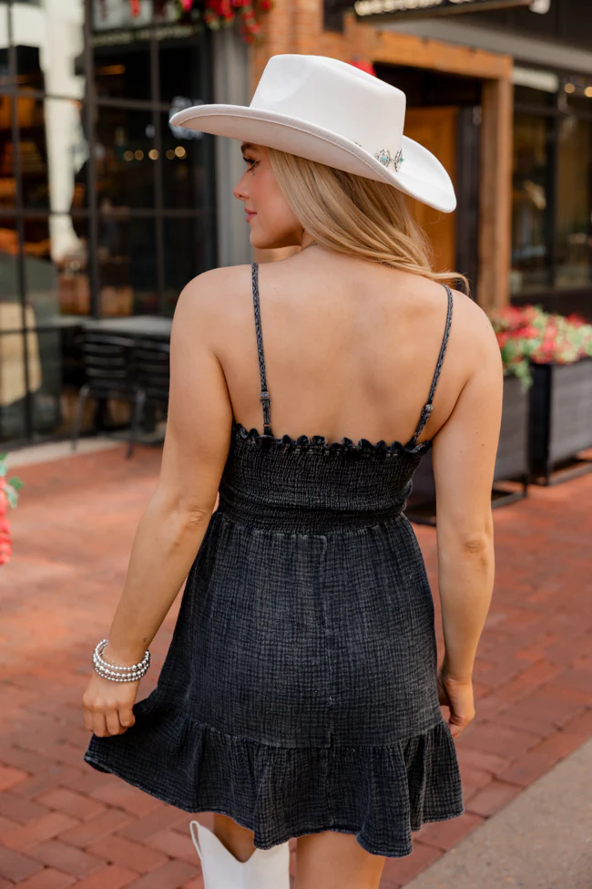Nashville Nights Black Acid Wash Smocked Dress