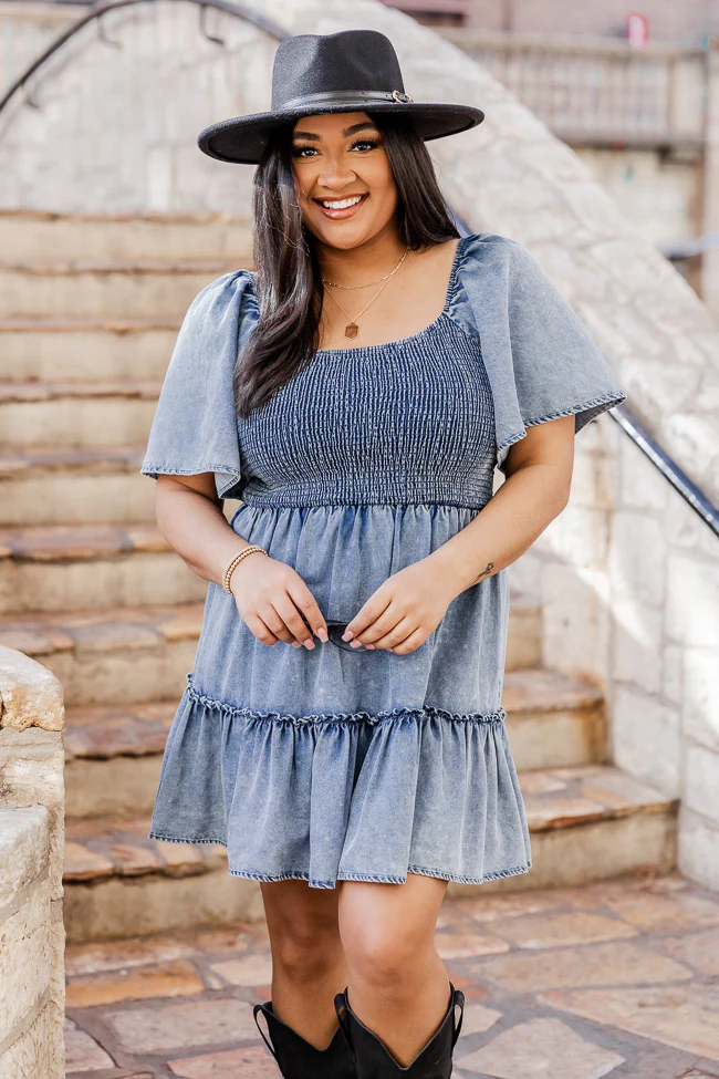Cowgirl Casanova Puff Sleeve Chambray Smocked Mini Dress