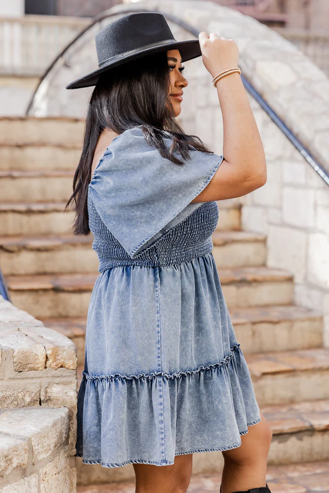 Cowgirl Casanova Puff Sleeve Chambray Smocked Mini Dress