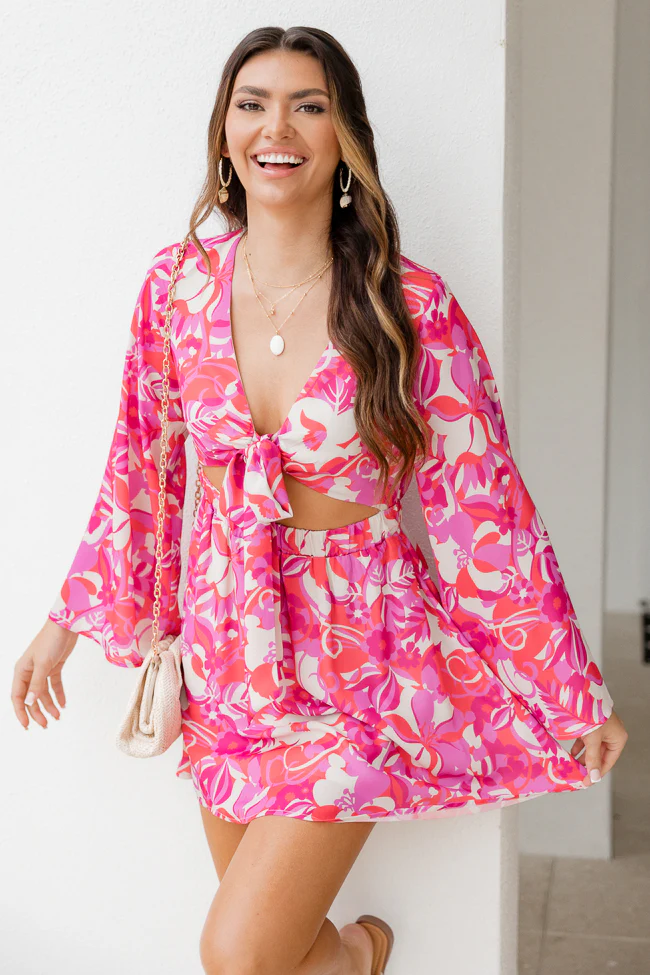 Taking Sides In Fierce Floral Tie Front Dress