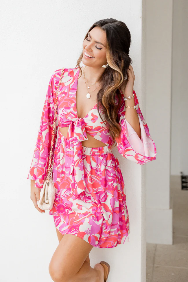 Taking Sides In Fierce Floral Tie Front Dress