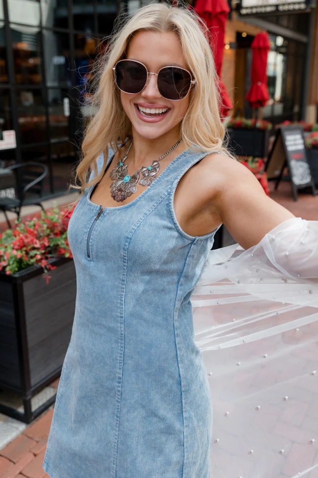 Admire You Blue Cord Zipper Detail Dress