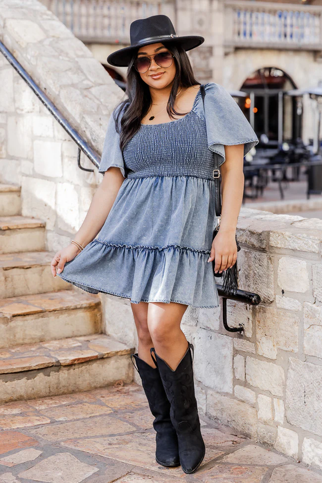 Cowgirl Casanova Puff Sleeve Chambray Smocked Mini Dress