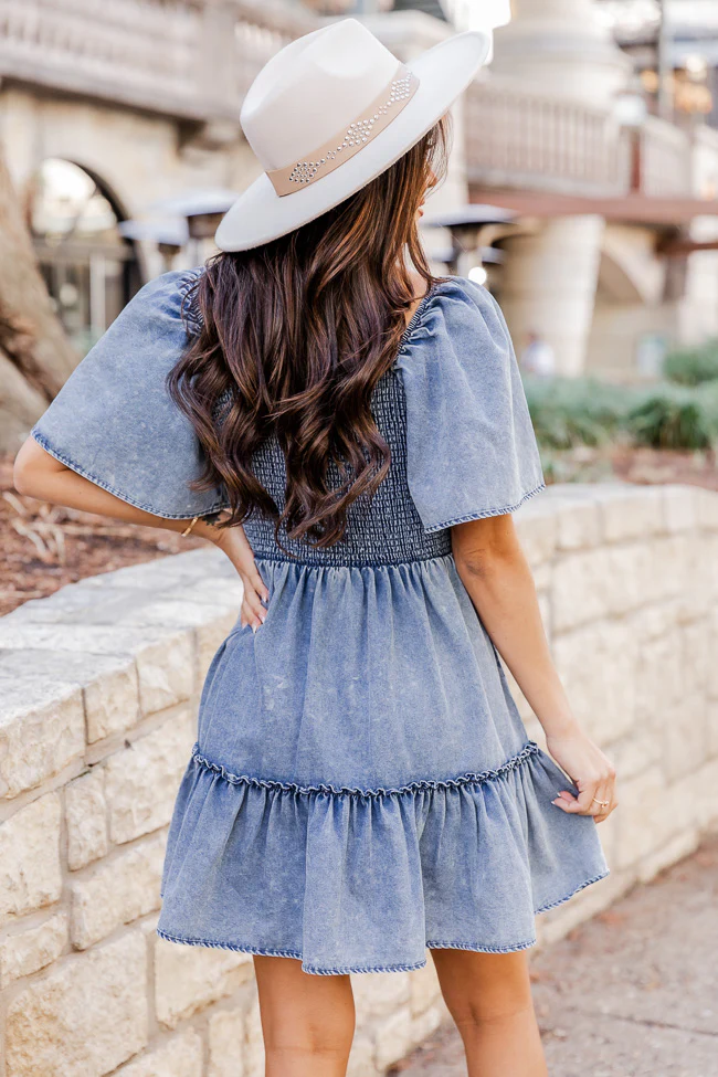 Cowgirl Casanova Puff Sleeve Chambray Smocked Mini Dress