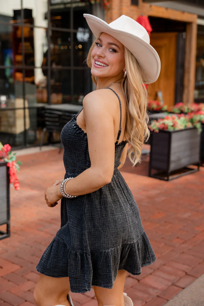 Nashville Nights Black Acid Wash Smocked Dress