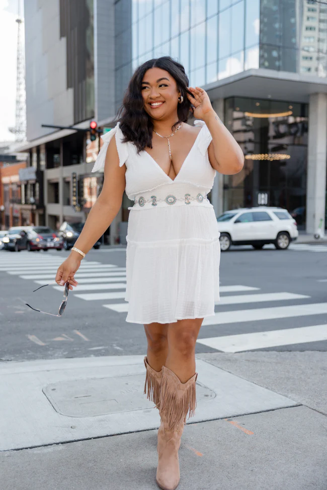 Secret Crush White Tie Shoulder V-Neck Dress