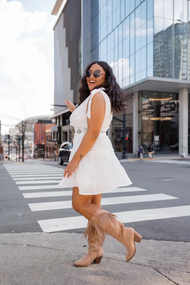 Secret Crush White Tie Shoulder V-Neck Dress