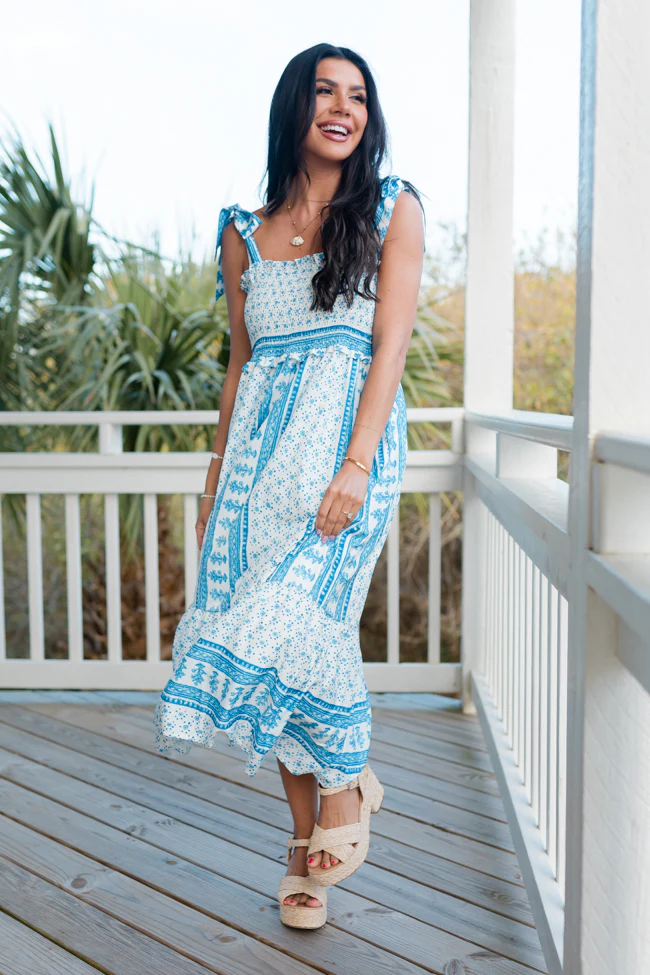 I Still Believe Blue and White Tie Strap Printed Dress