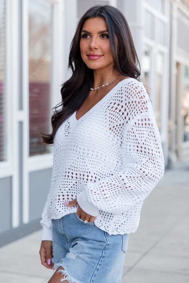Desirable Destinations Ivory Open Knit V-Neck Sweater FINAL SALE