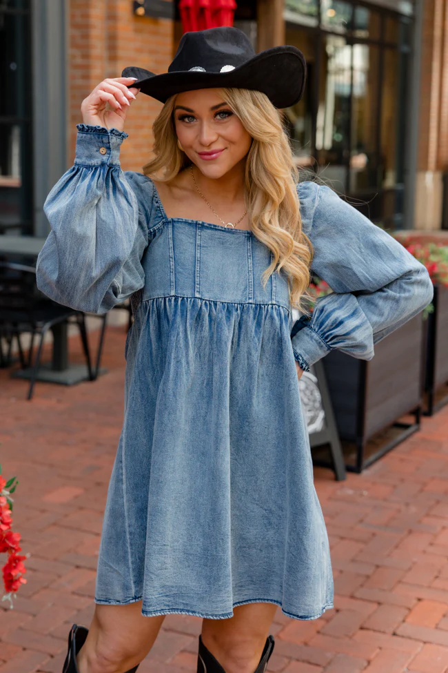 Big City Dreams Blue Denim Square Neck Dress