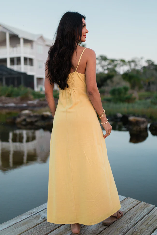 Love Without Limits Yellow Linen Button Down Midi Dress