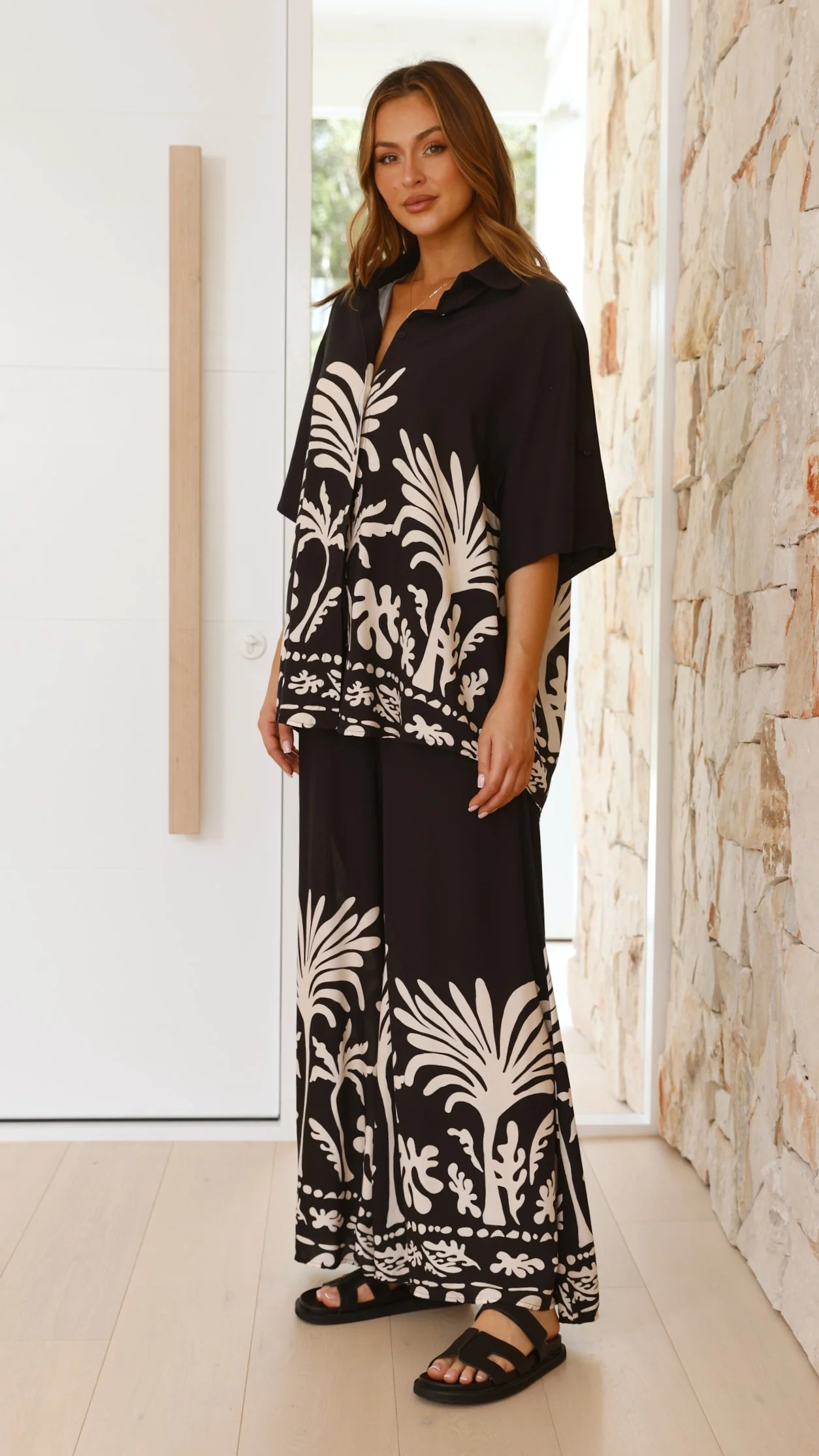 Noir Palm Wide Leg Pants - Black