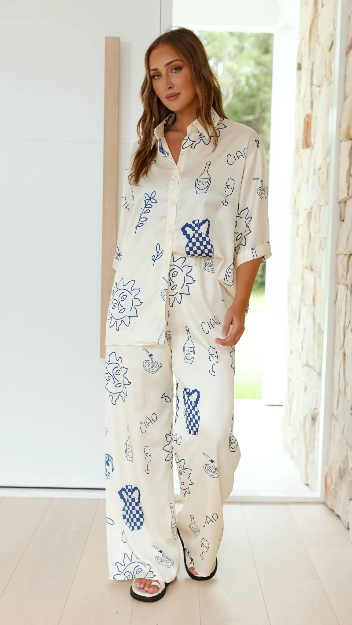 Bailie Shirt and Pants Set - Beige/Blue