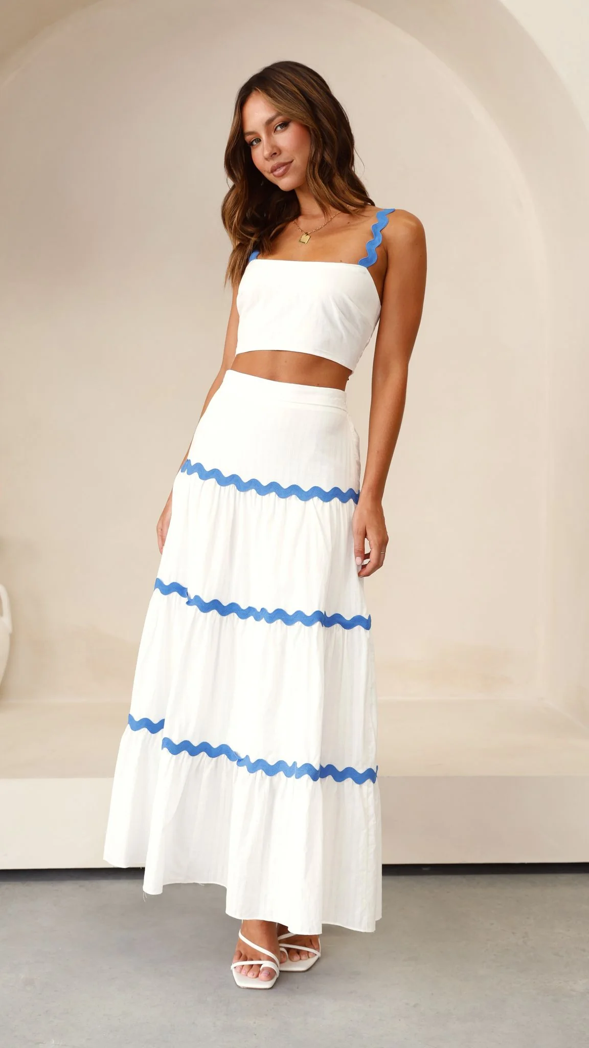 Lys Top and Maxi Skirt Set - White / Blue