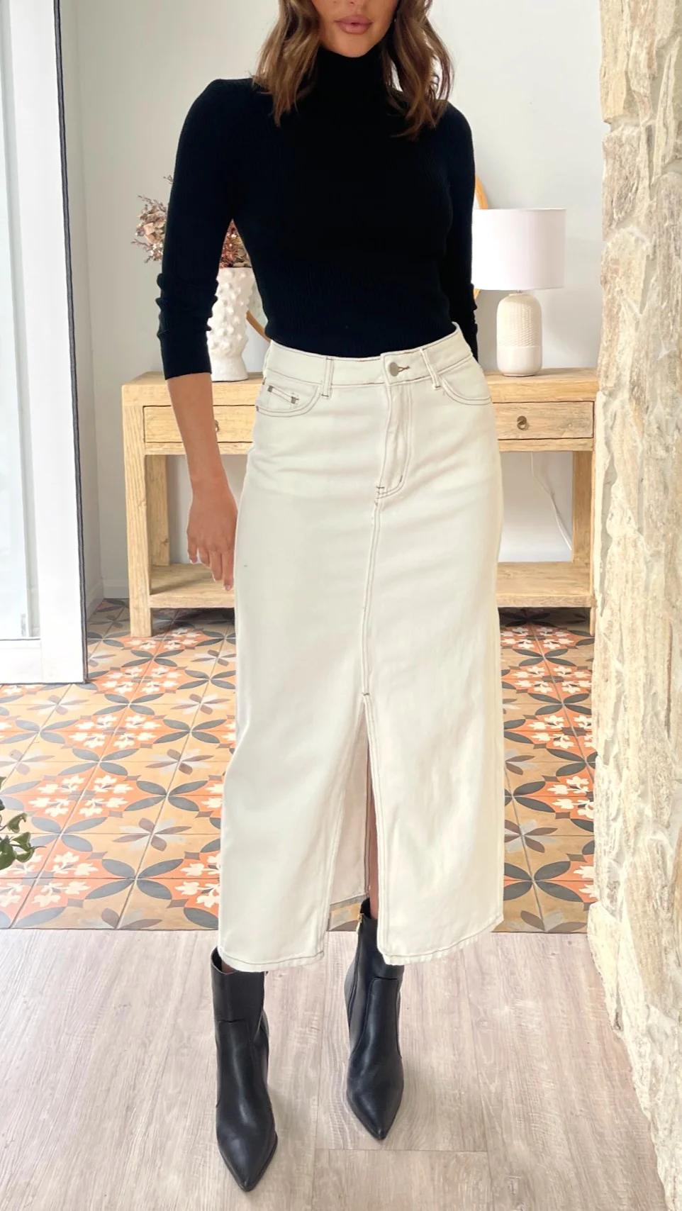 Reno Denim Midi Skirt - White