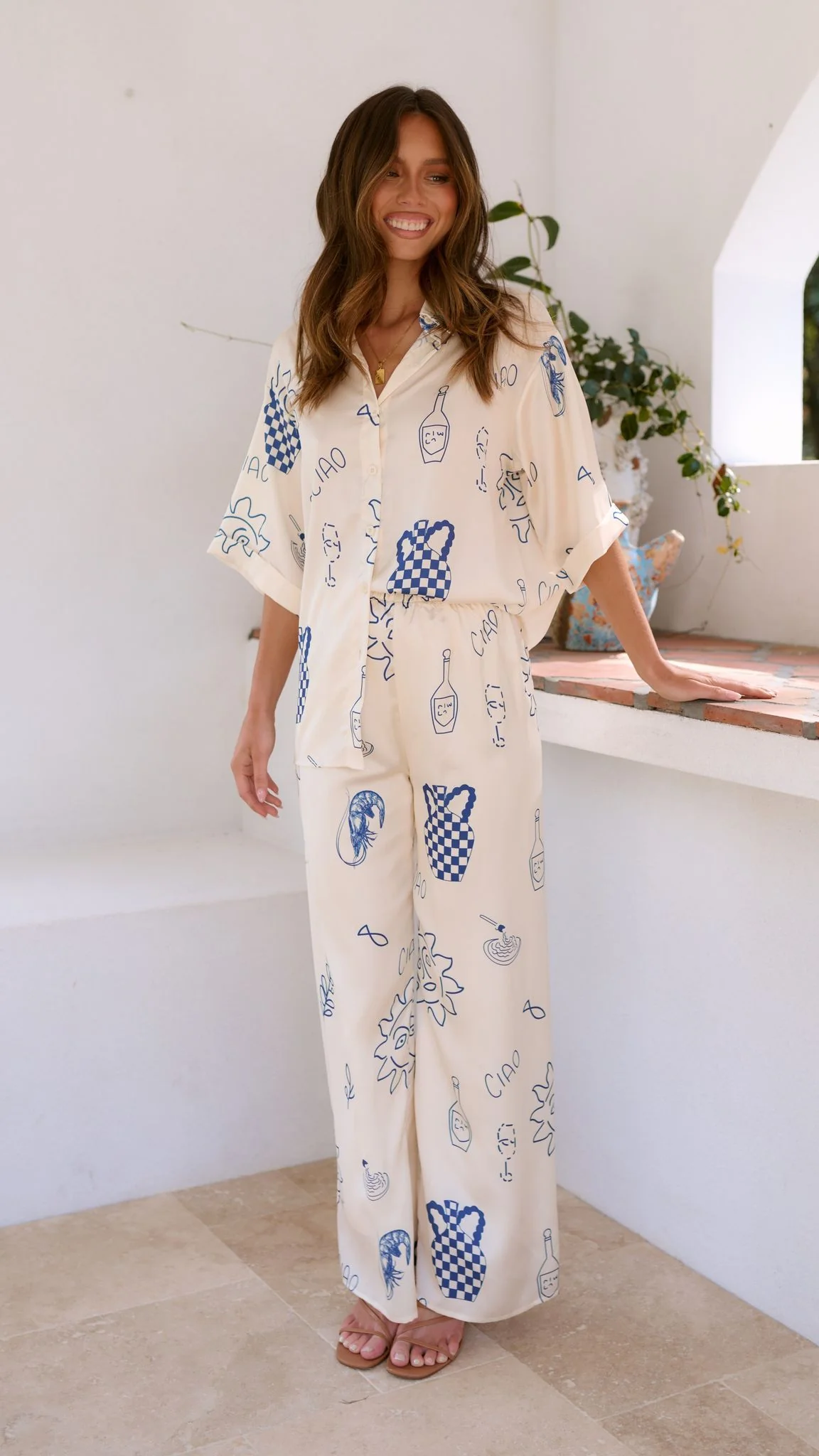 Bailie Shirt and Pants Set - Beige/Blue