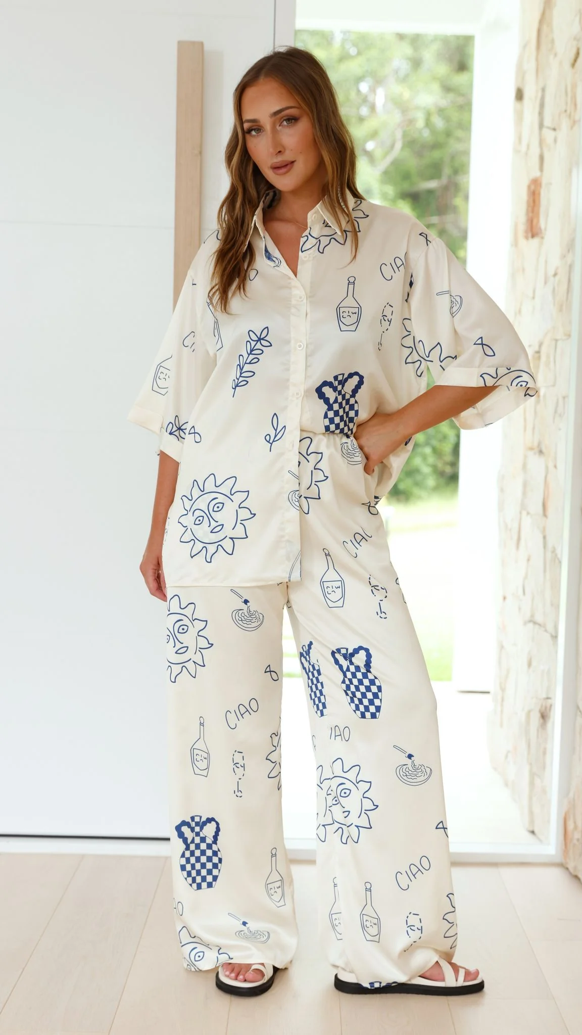 Bailie Shirt and Pants Set - Beige/Blue
