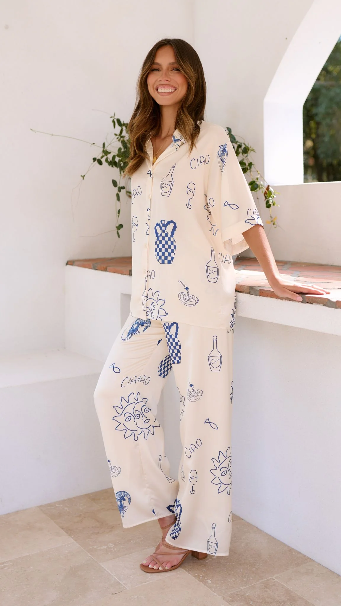 Bailie Shirt and Pants Set - Beige/Blue