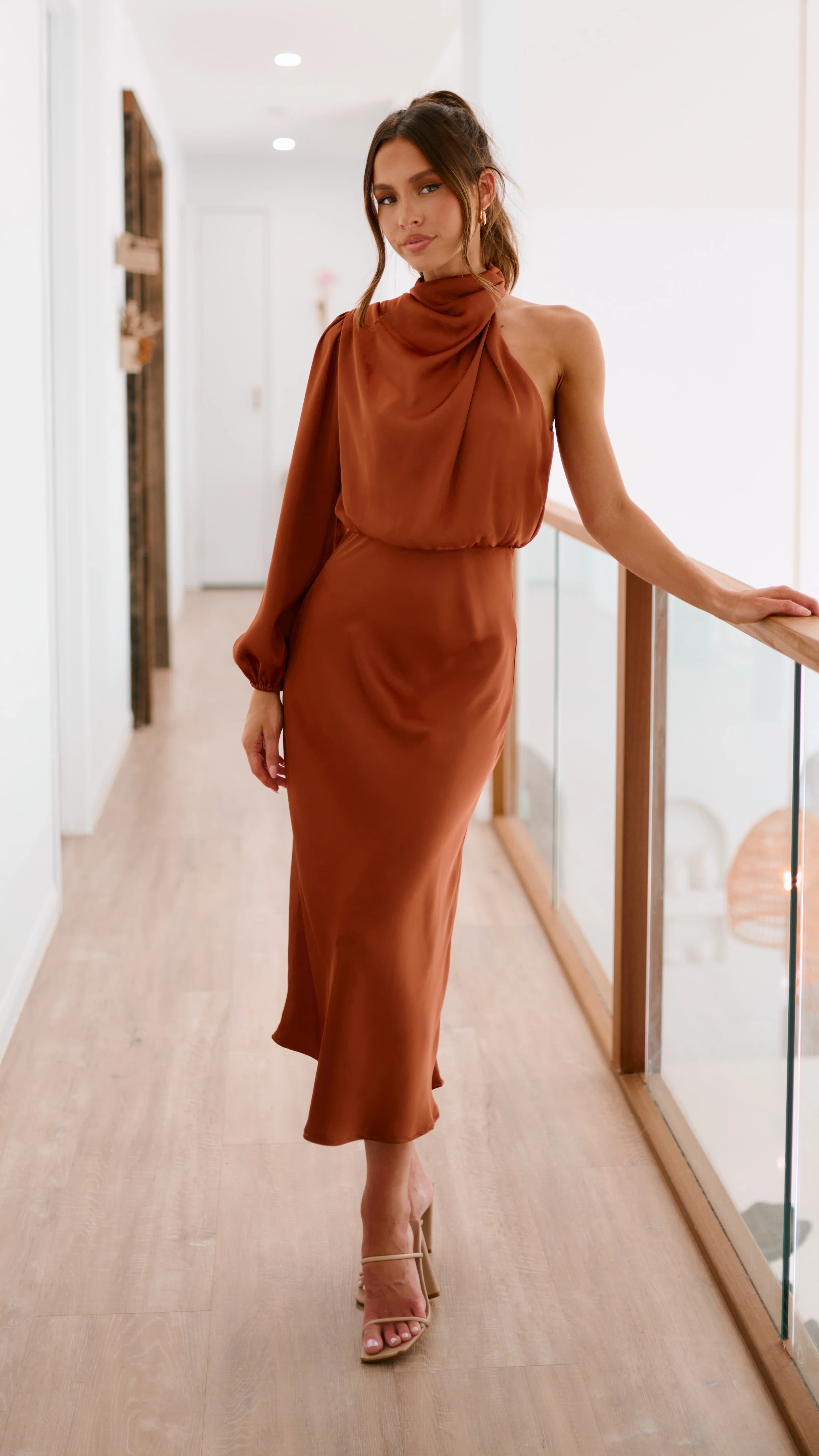Esther One Shoulder Long Sleeve Dress - Copper