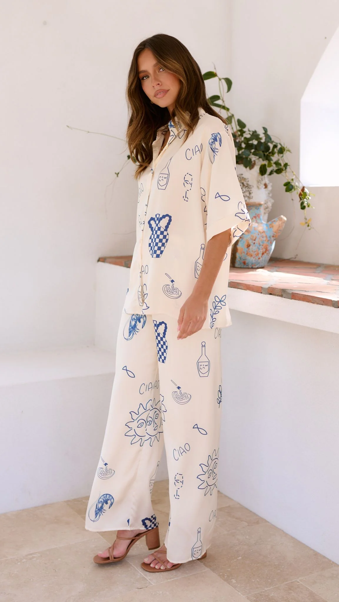 Bailie Shirt and Pants Set - Beige/Blue