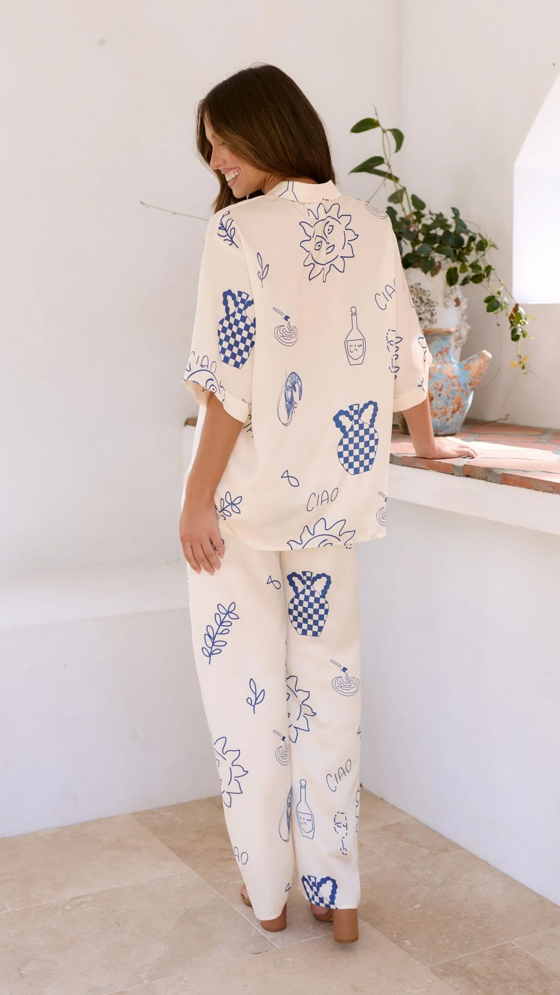 Bailie Shirt and Pants Set - Beige/Blue