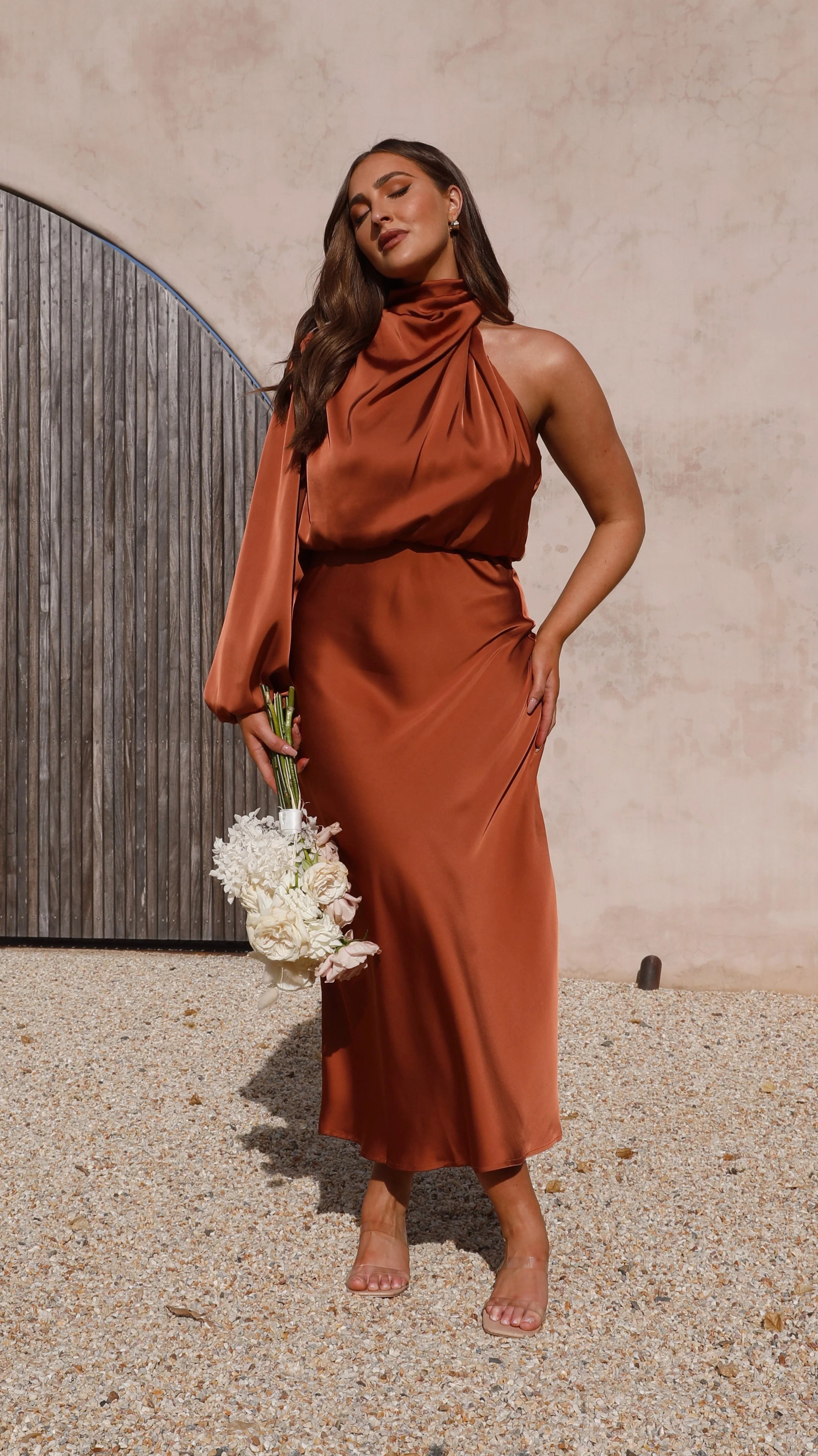 Esther One Shoulder Long Sleeve Dress - Copper