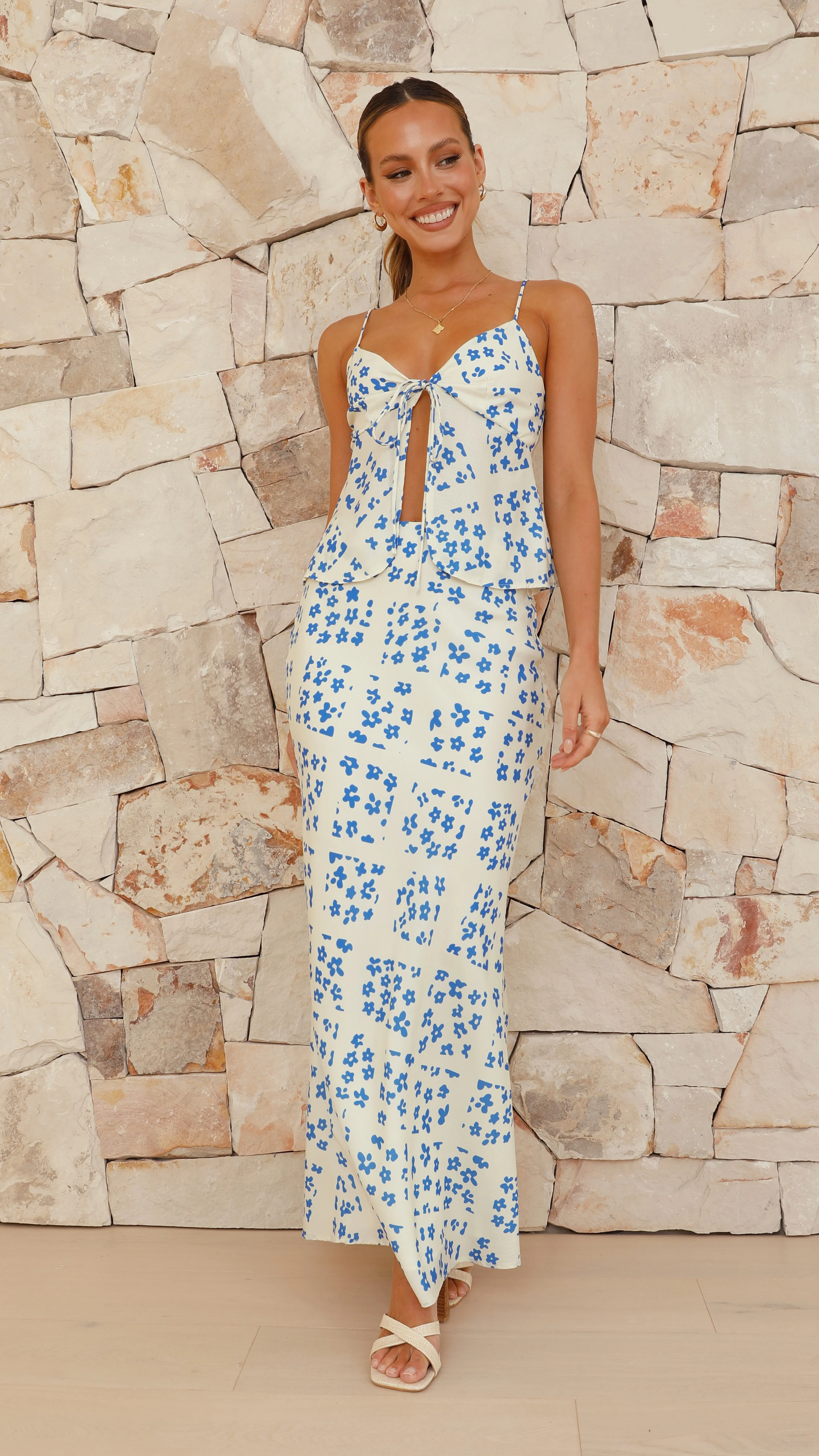 Marieen Top and Maxi Skirt Set - Cream/Blue Floral