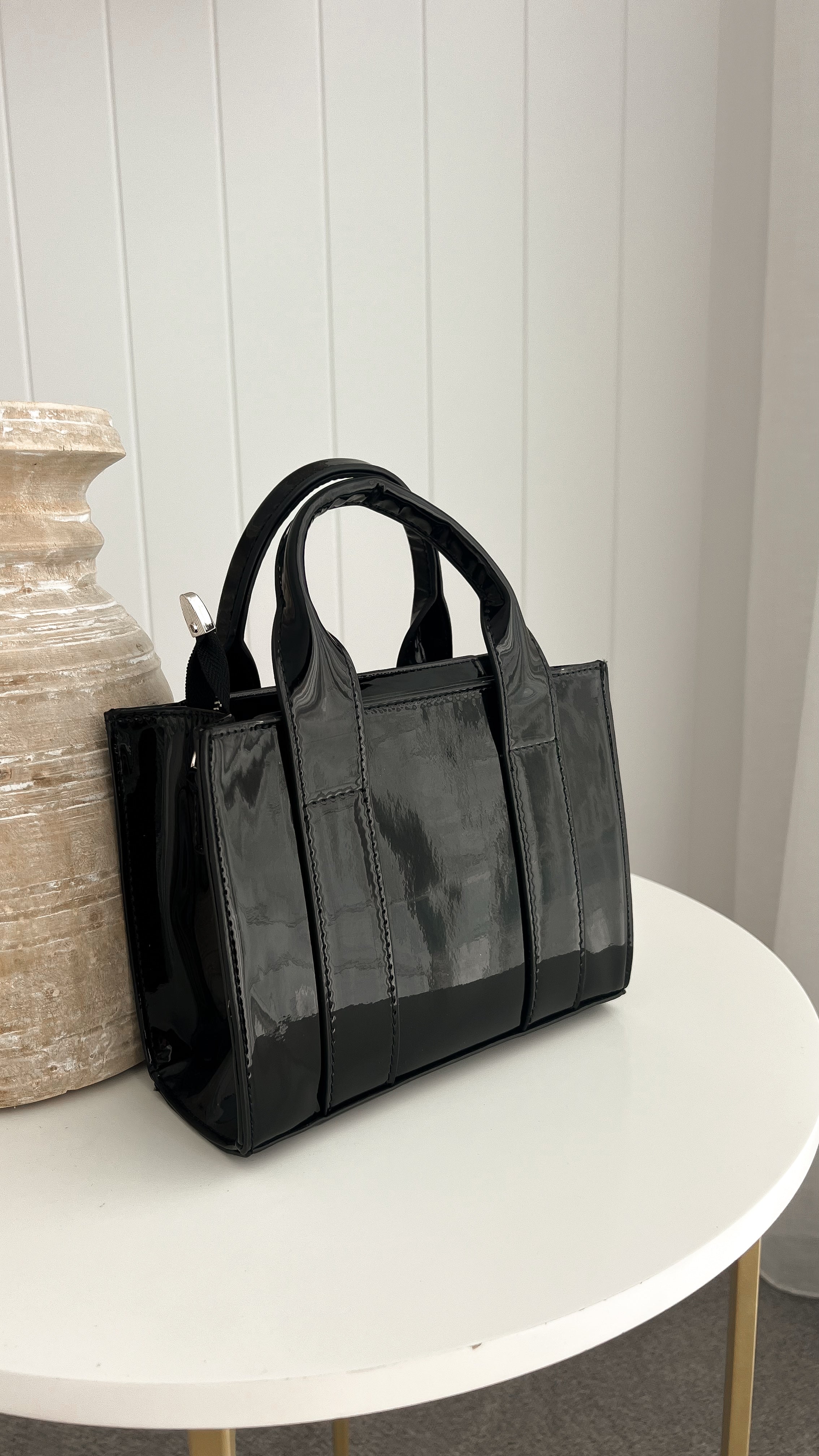Mallory High Shine Mini Tote Bag - Black