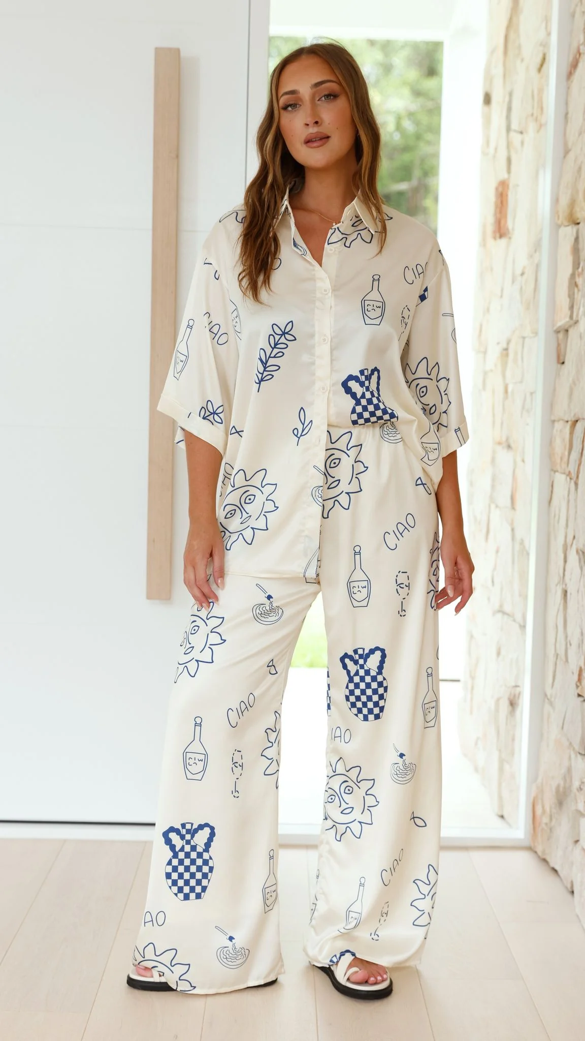 Bailie Shirt and Pants Set - Beige/Blue