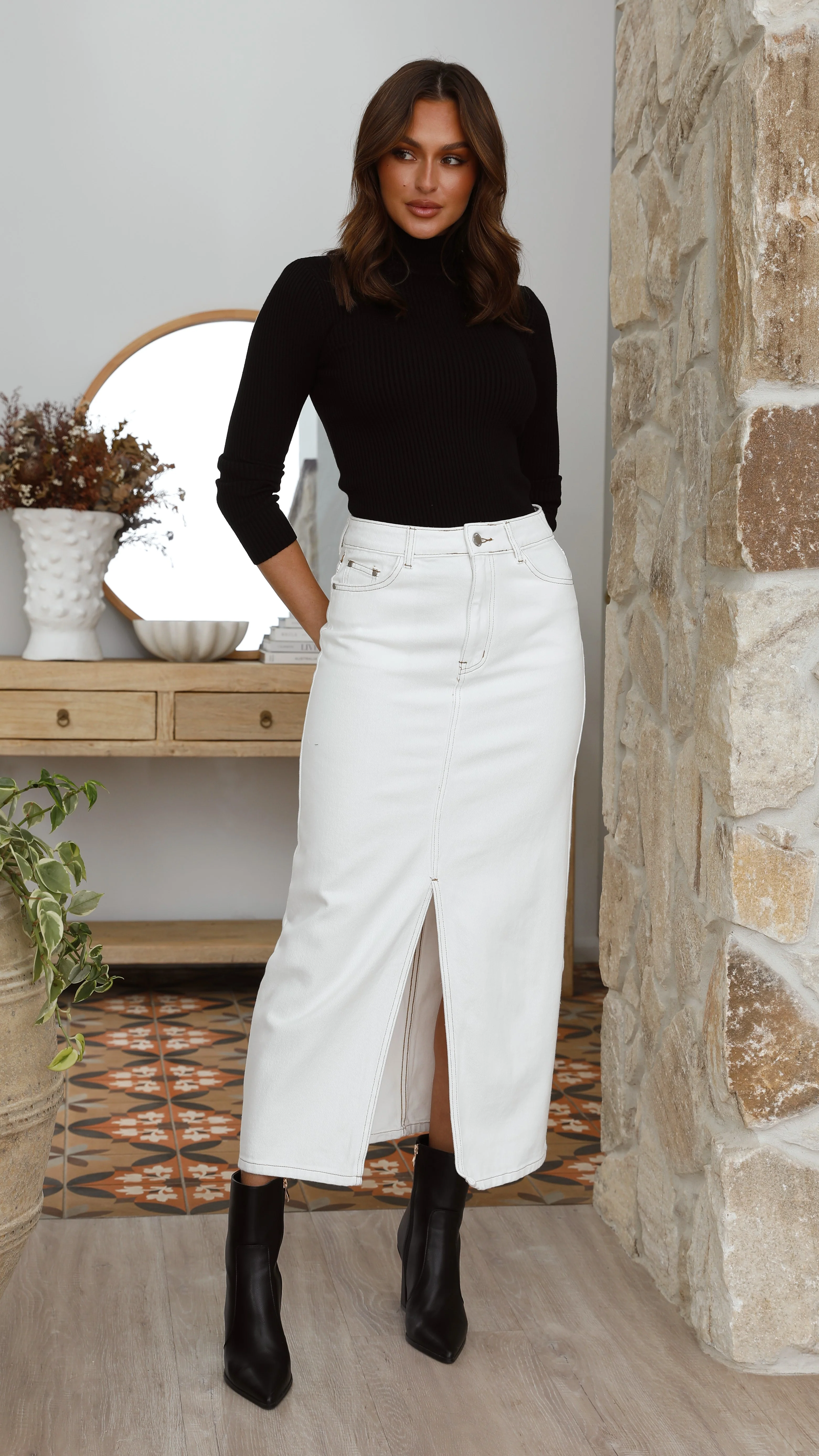 Reno Denim Midi Skirt - White