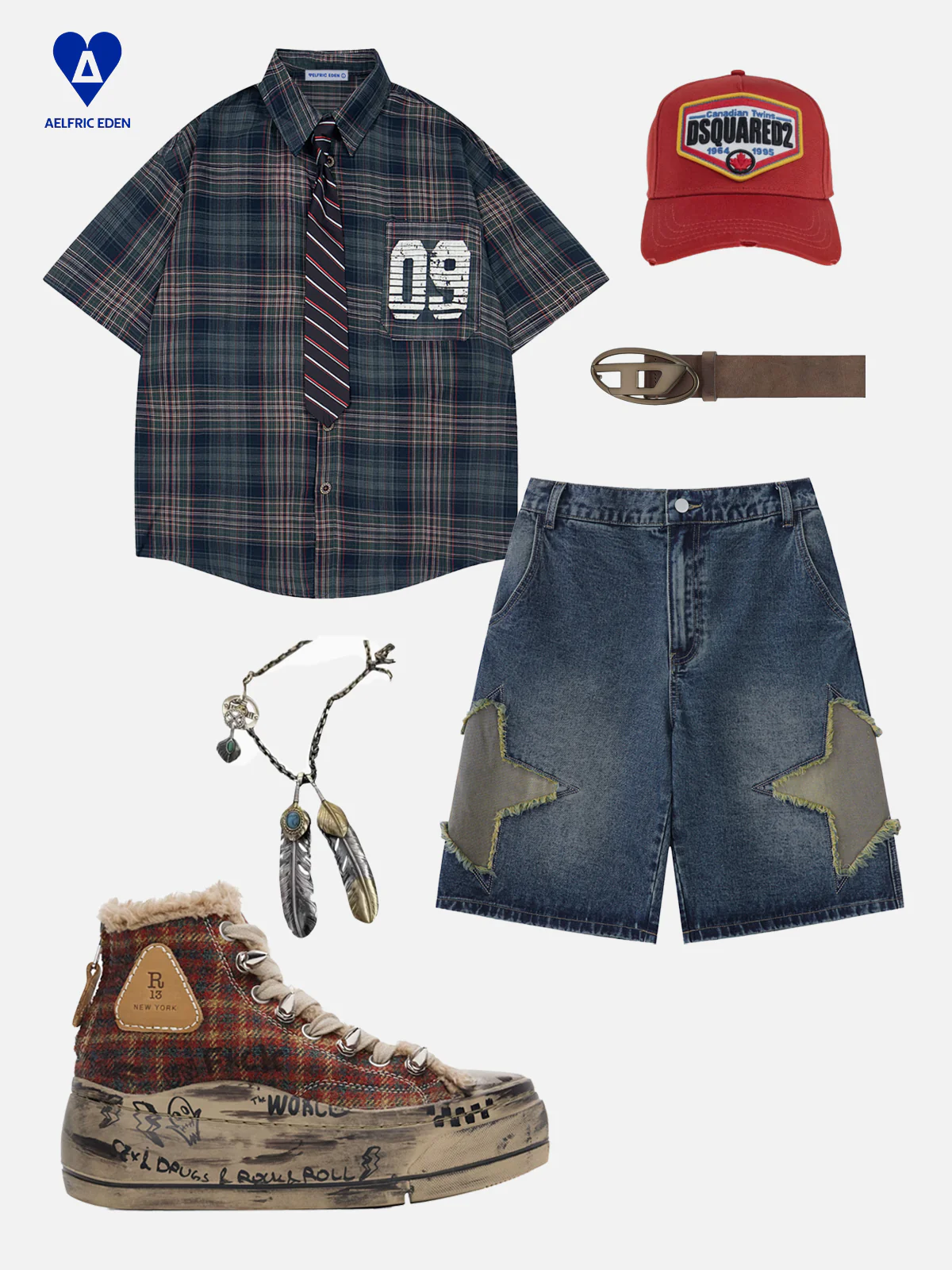 Aelfric Eden Plaid Necktie Short Sleeve Shirt