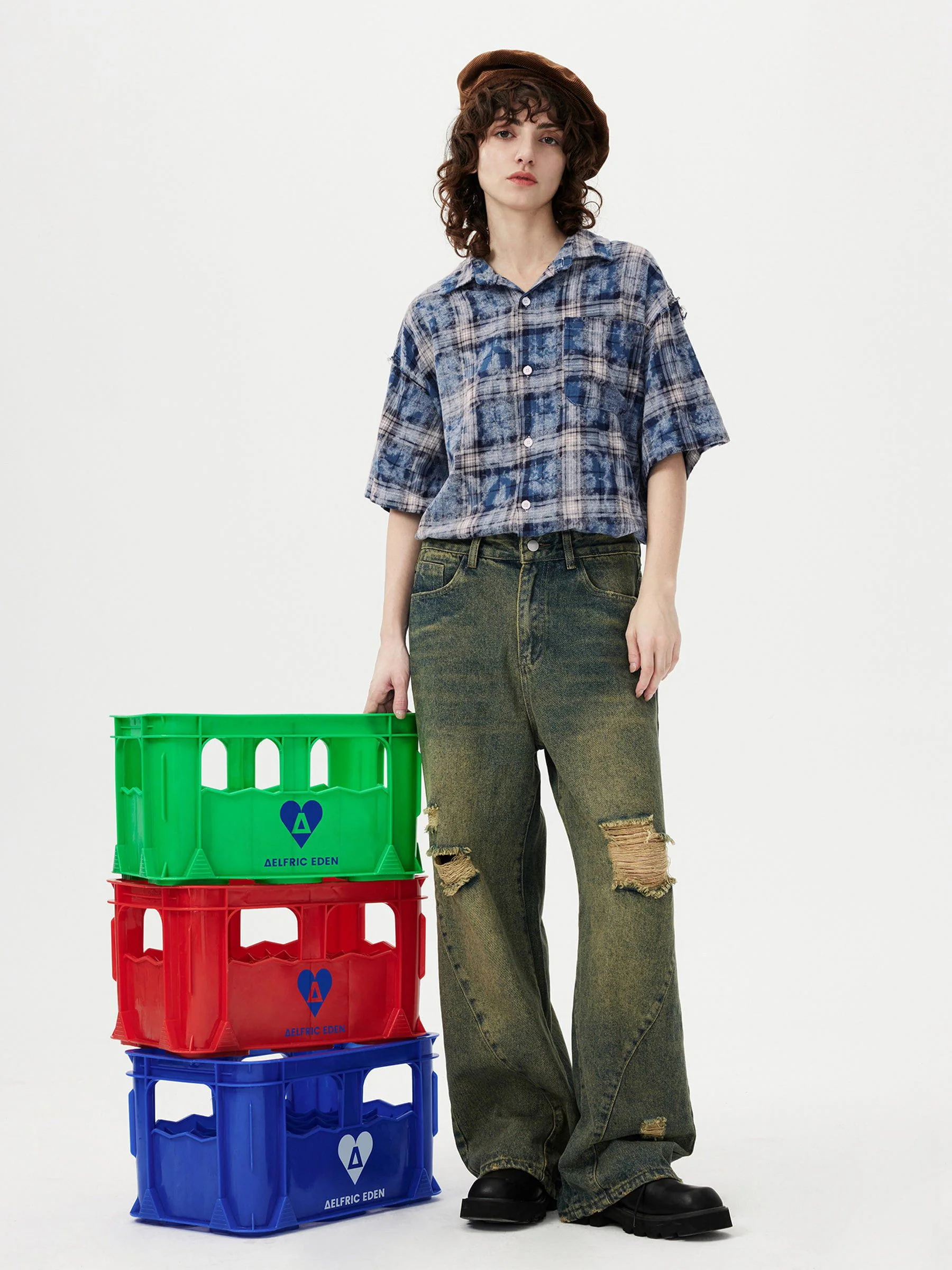 Aelfric Eden Tie Dye Plaid Short Sleeve Shirt