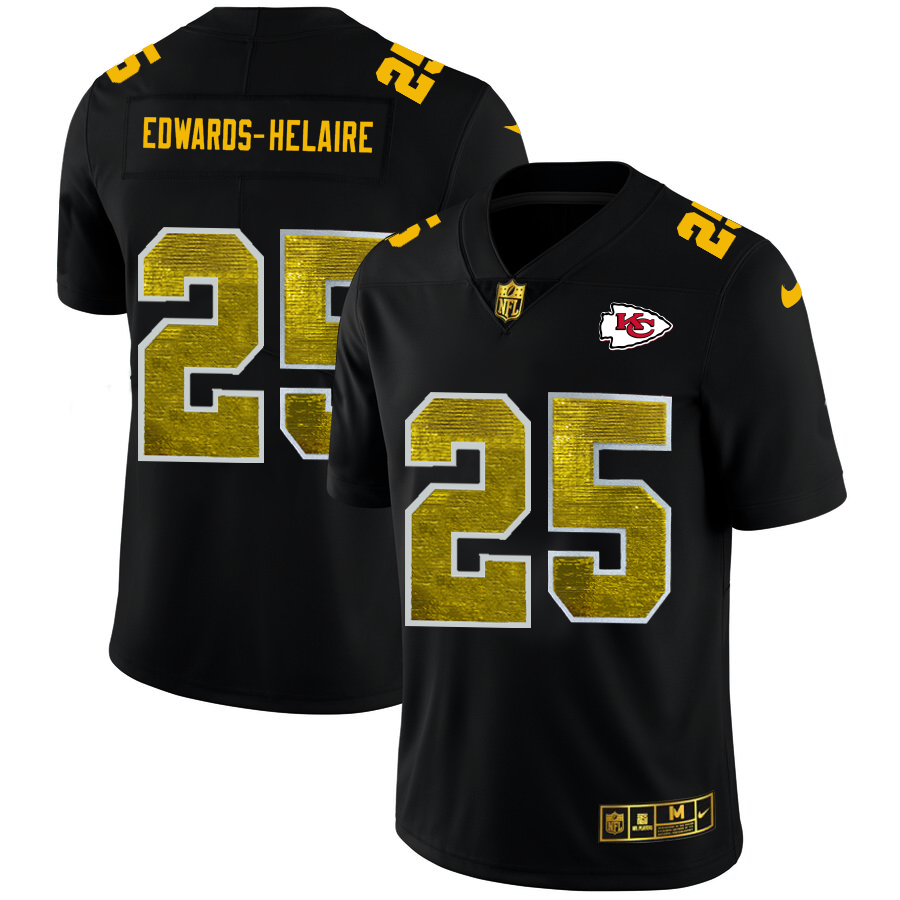 Kansas City Chiefs #25 Clyde Edwards-Helaire Black Golden Sequin Vapor Limited Jersey