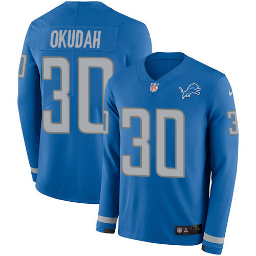 Detroit Lions #30 Jeff Okudah Blue Team Color Stitched Limited Therma Long Sleeve Jersey
