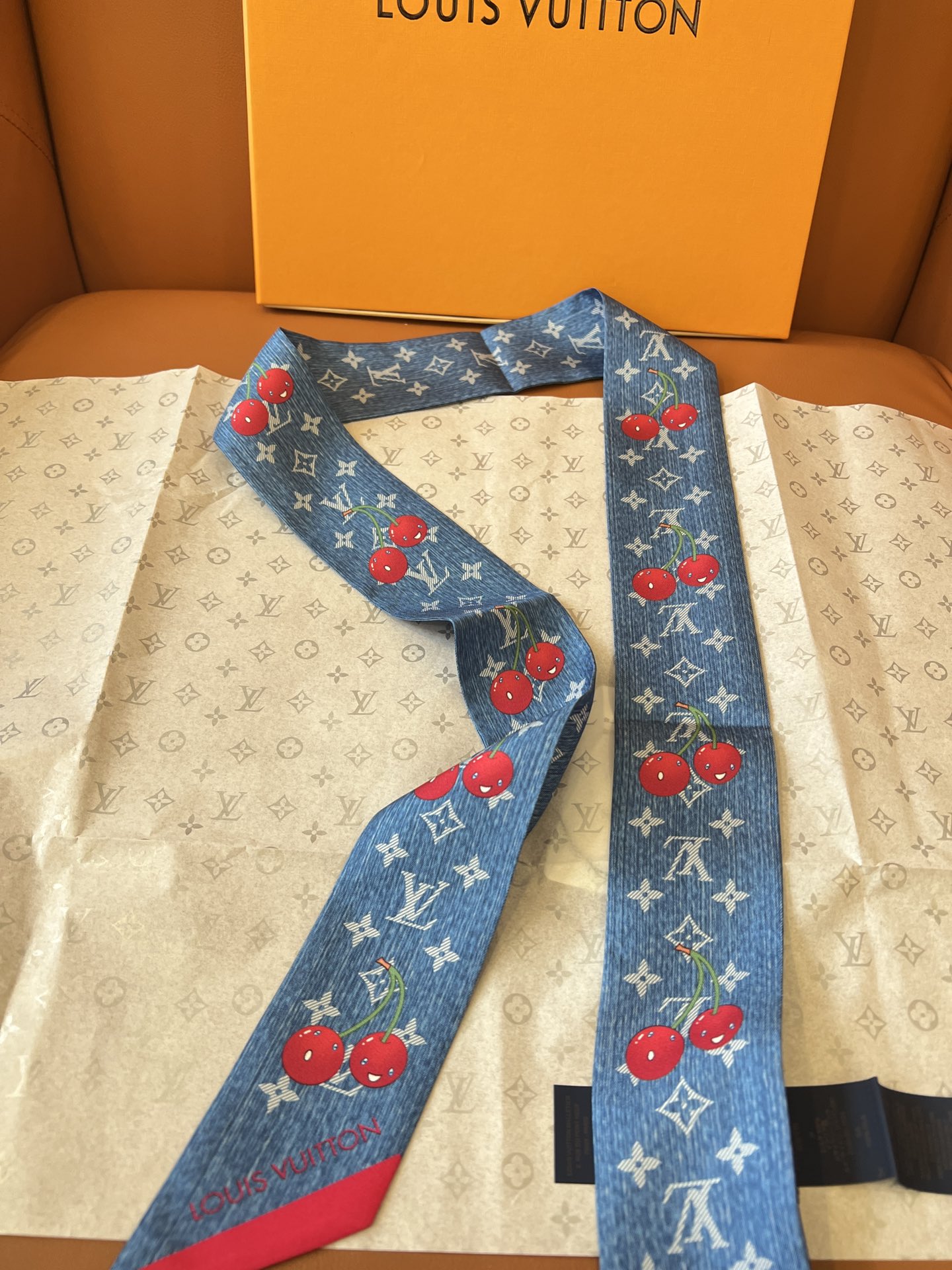Lv x TM Denim Cerise Silk Hair Scarf