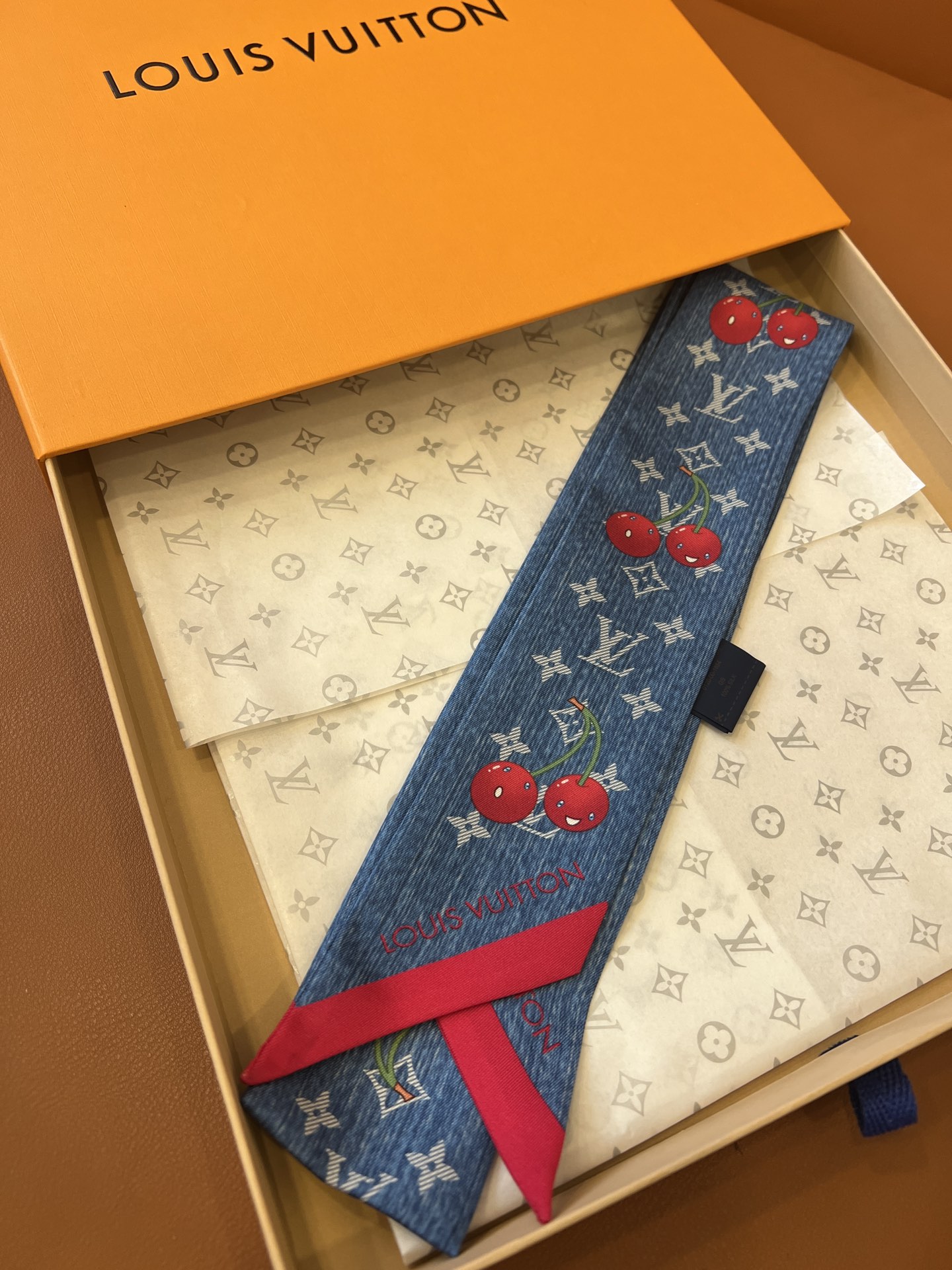 Lv x TM Denim Cerise Silk Hair Scarf