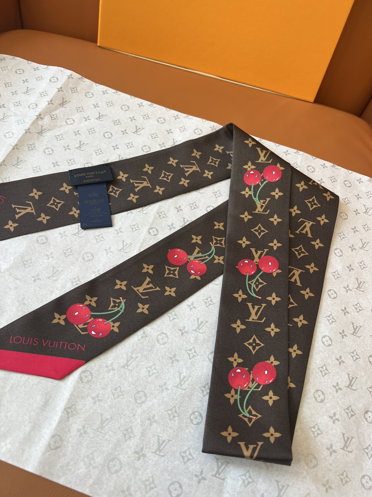 Lv x TM Denim Cerise Silk Hair Scarf