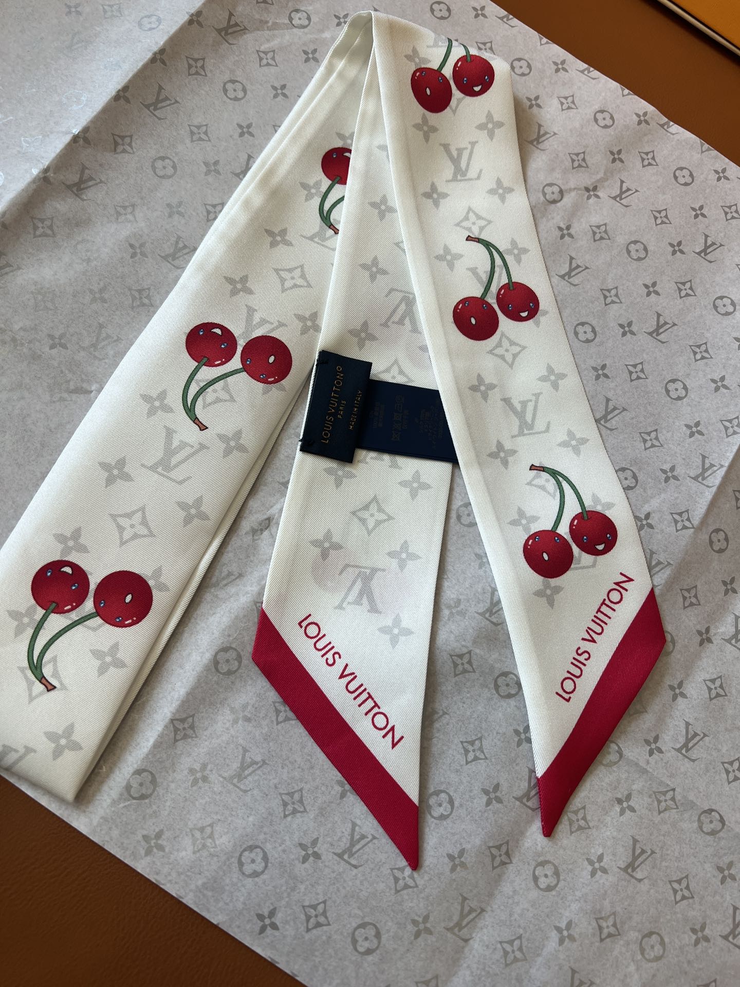Lv x TM Denim Cerise Silk Hair Scarf
