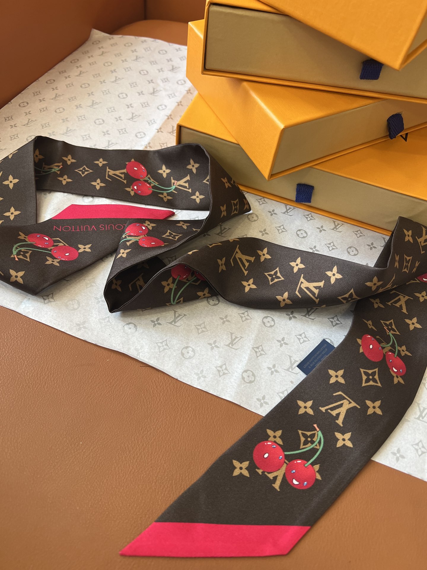 Lv x TM Denim Cerise Silk Hair Scarf