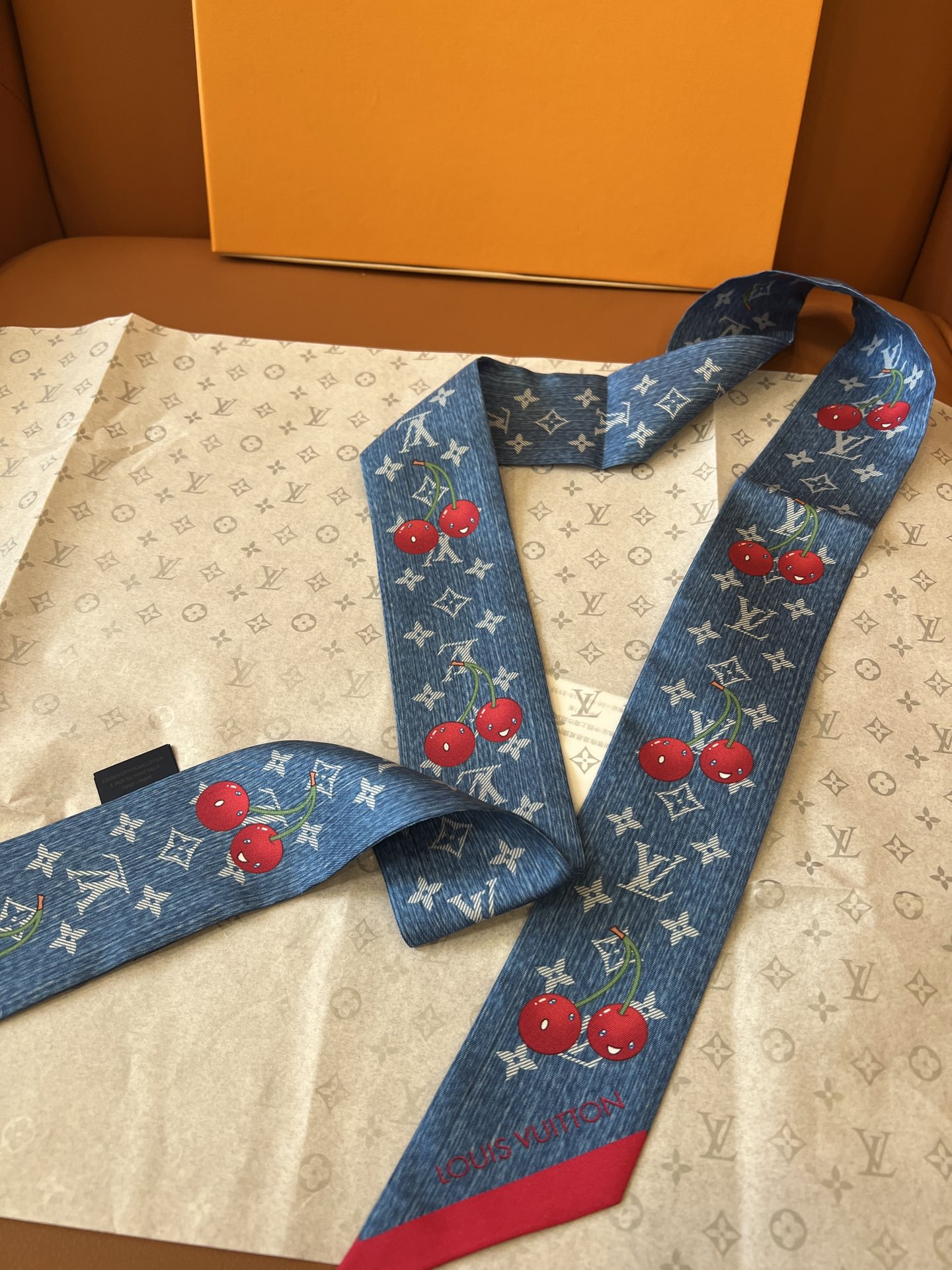 Lv x TM Denim Cerise Silk Hair Scarf