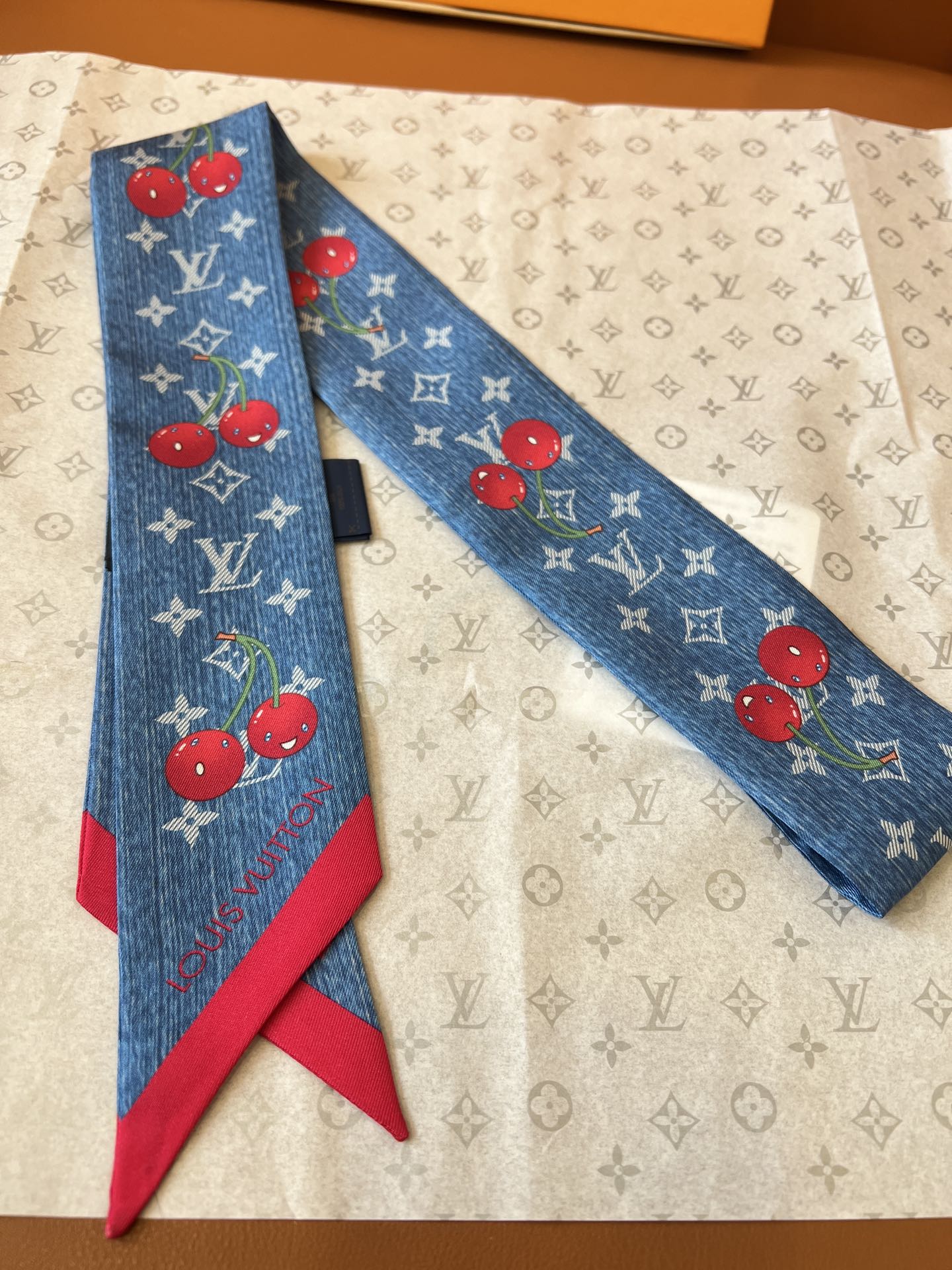 Lv x TM Denim Cerise Silk Hair Scarf