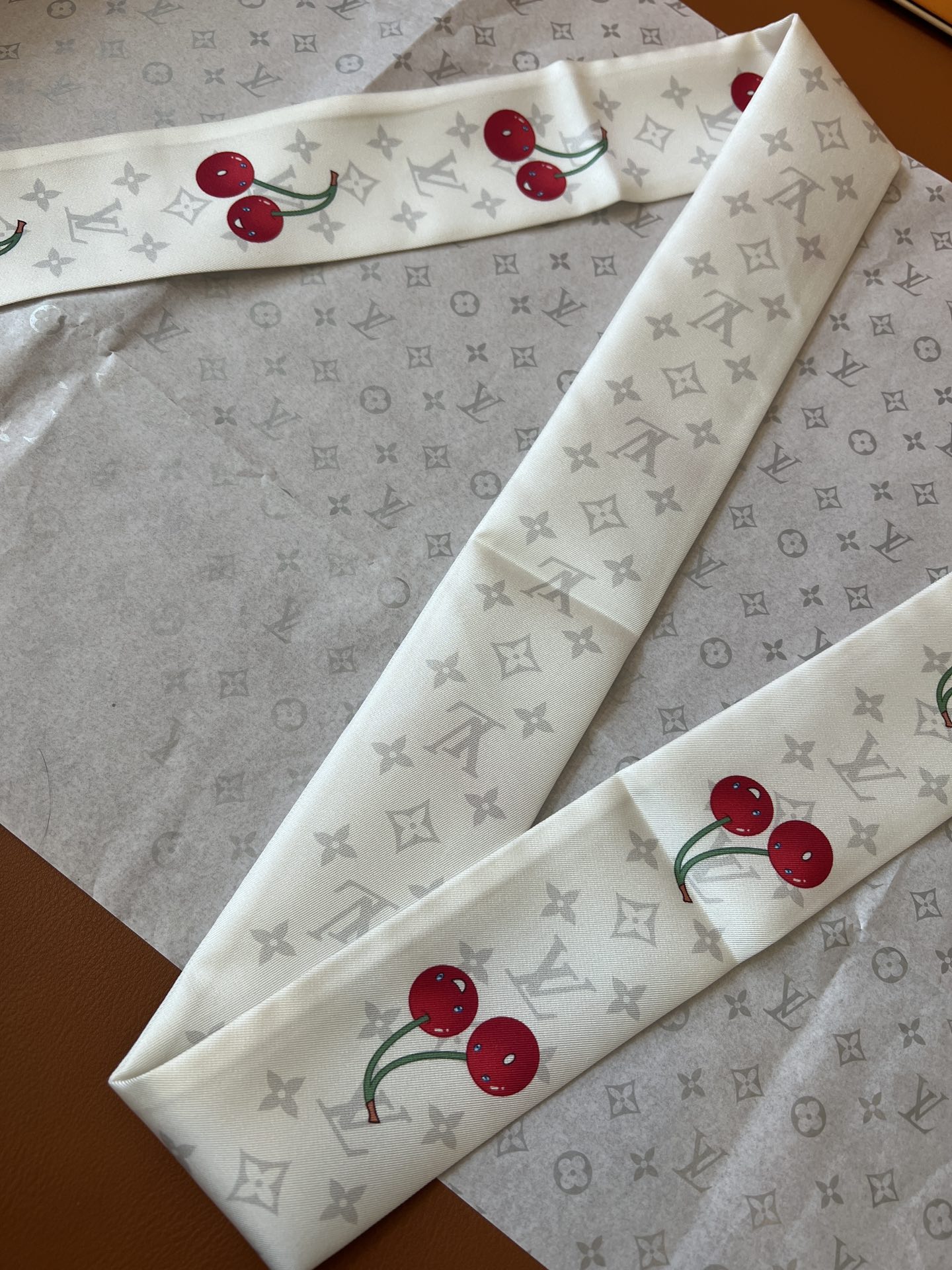 Lv x TM Denim Cerise Silk Hair Scarf