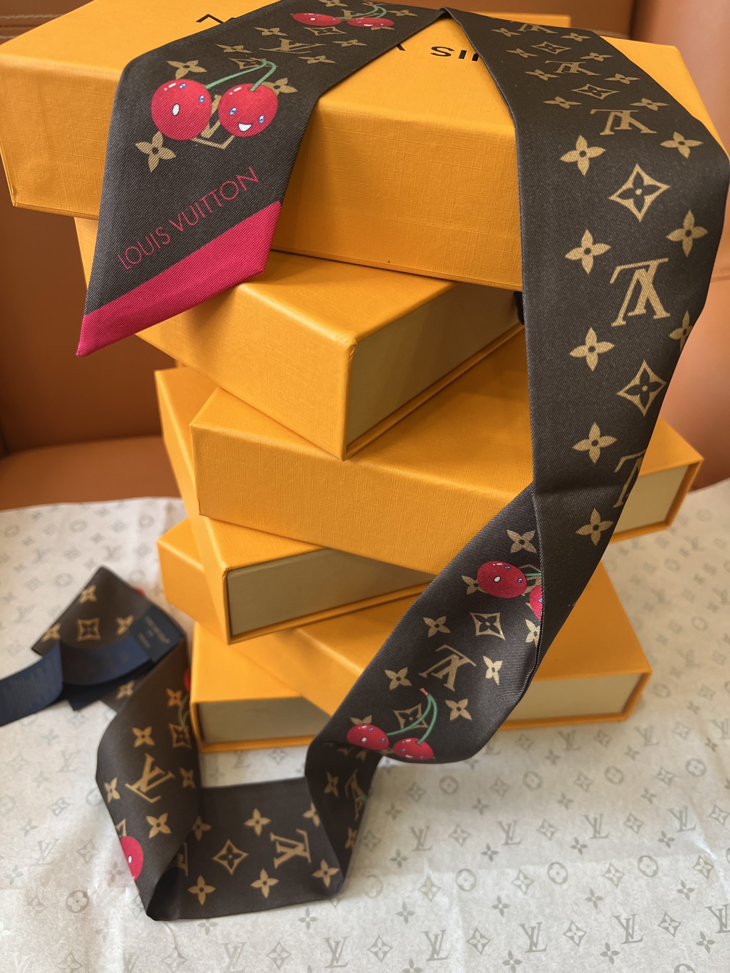 Lv x TM Denim Cerise Silk Hair Scarf