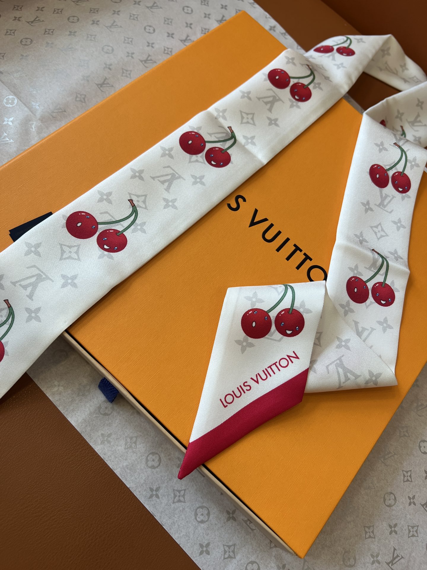 Lv x TM Denim Cerise Silk Hair Scarf