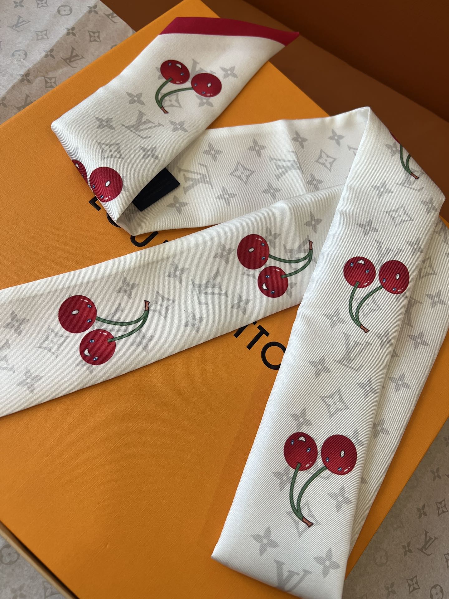 Lv x TM Denim Cerise Silk Hair Scarf