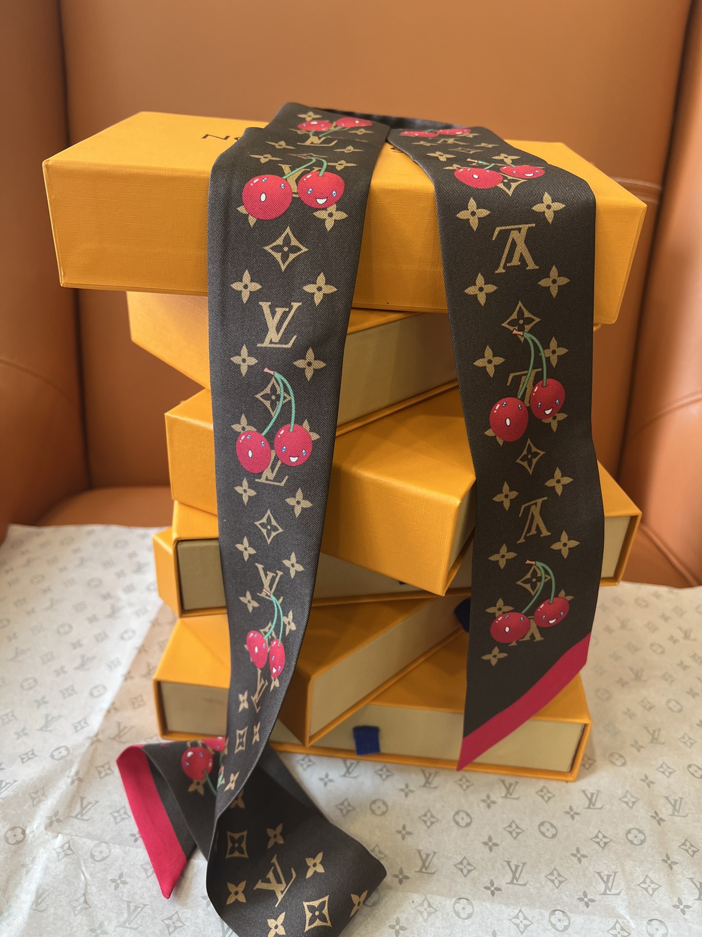 Lv x TM Denim Cerise Silk Hair Scarf