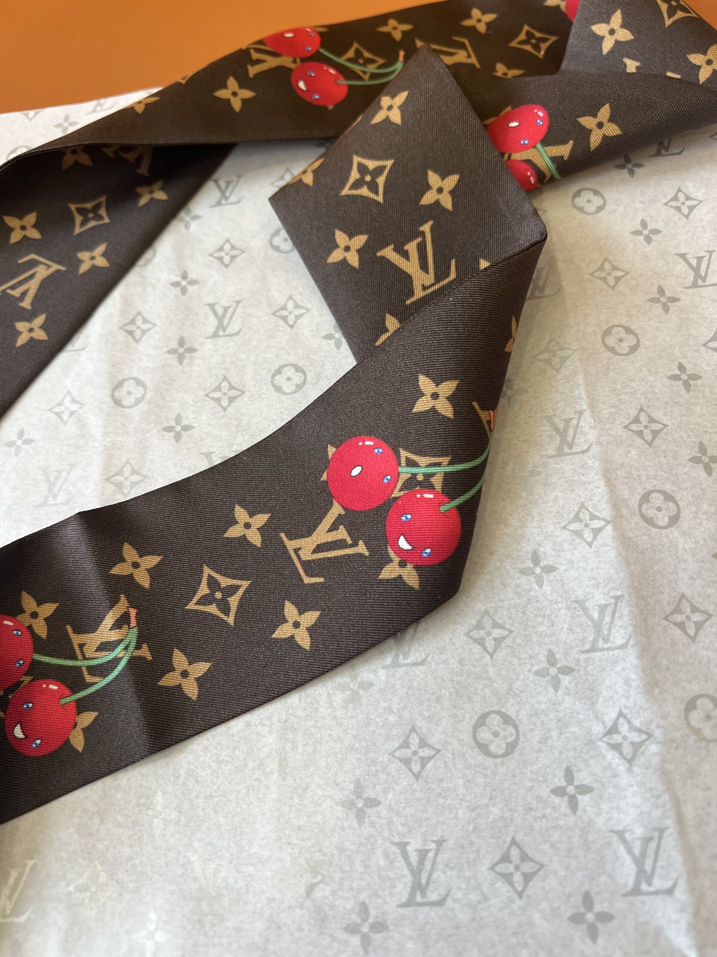 Lv x TM Denim Cerise Silk Hair Scarf