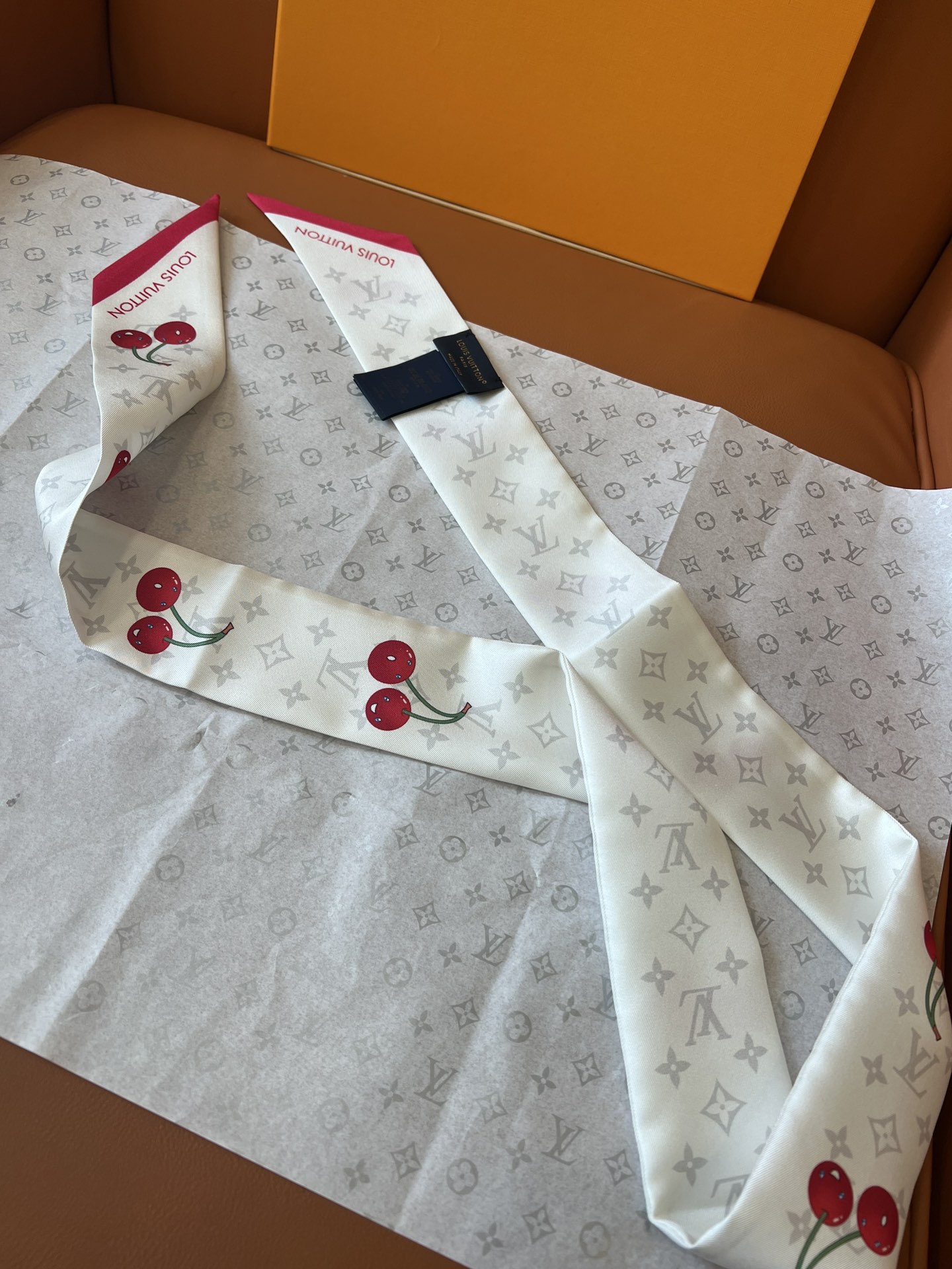 Lv x TM Denim Cerise Silk Hair Scarf