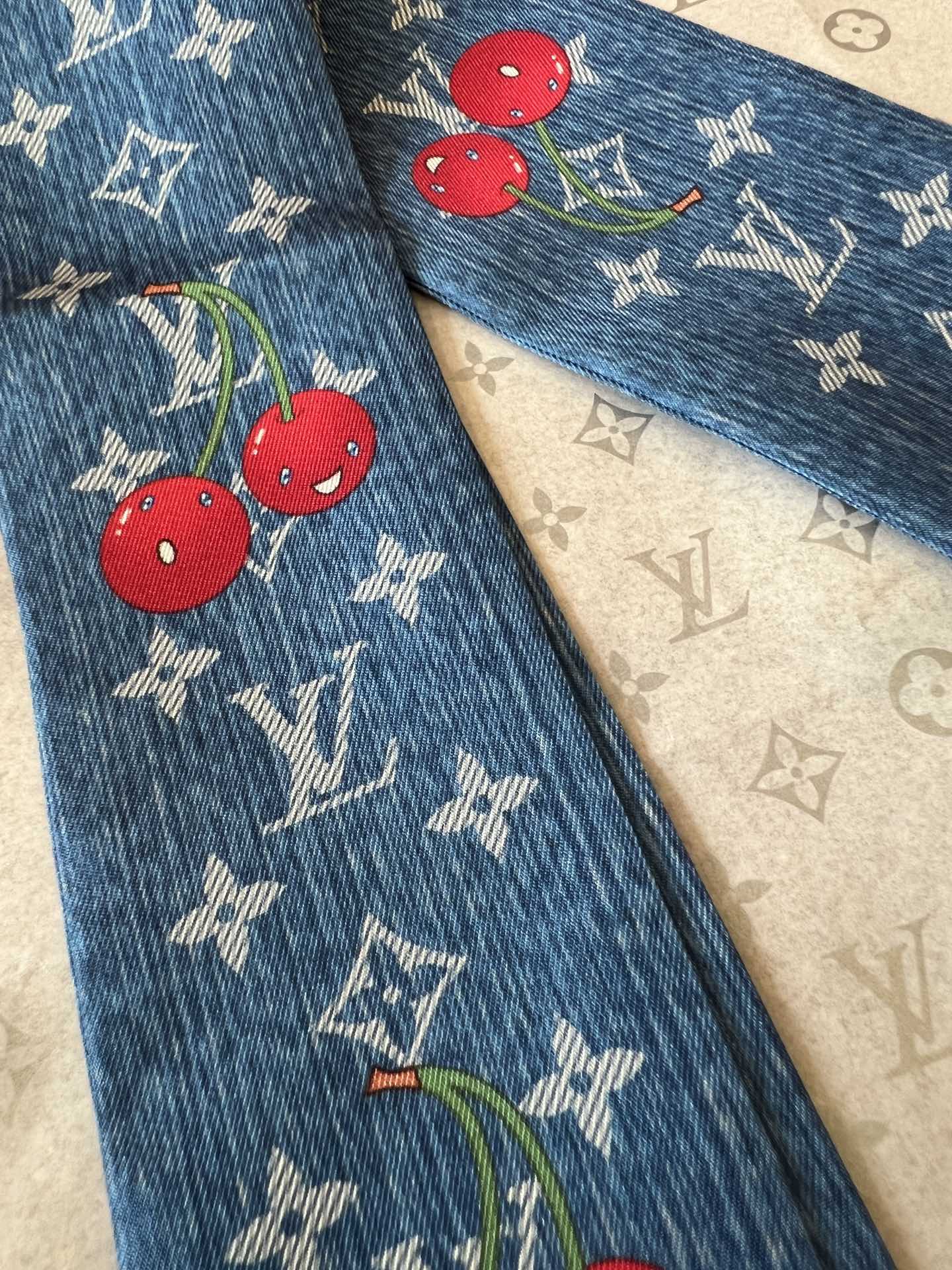 Lv x TM Denim Cerise Silk Hair Scarf