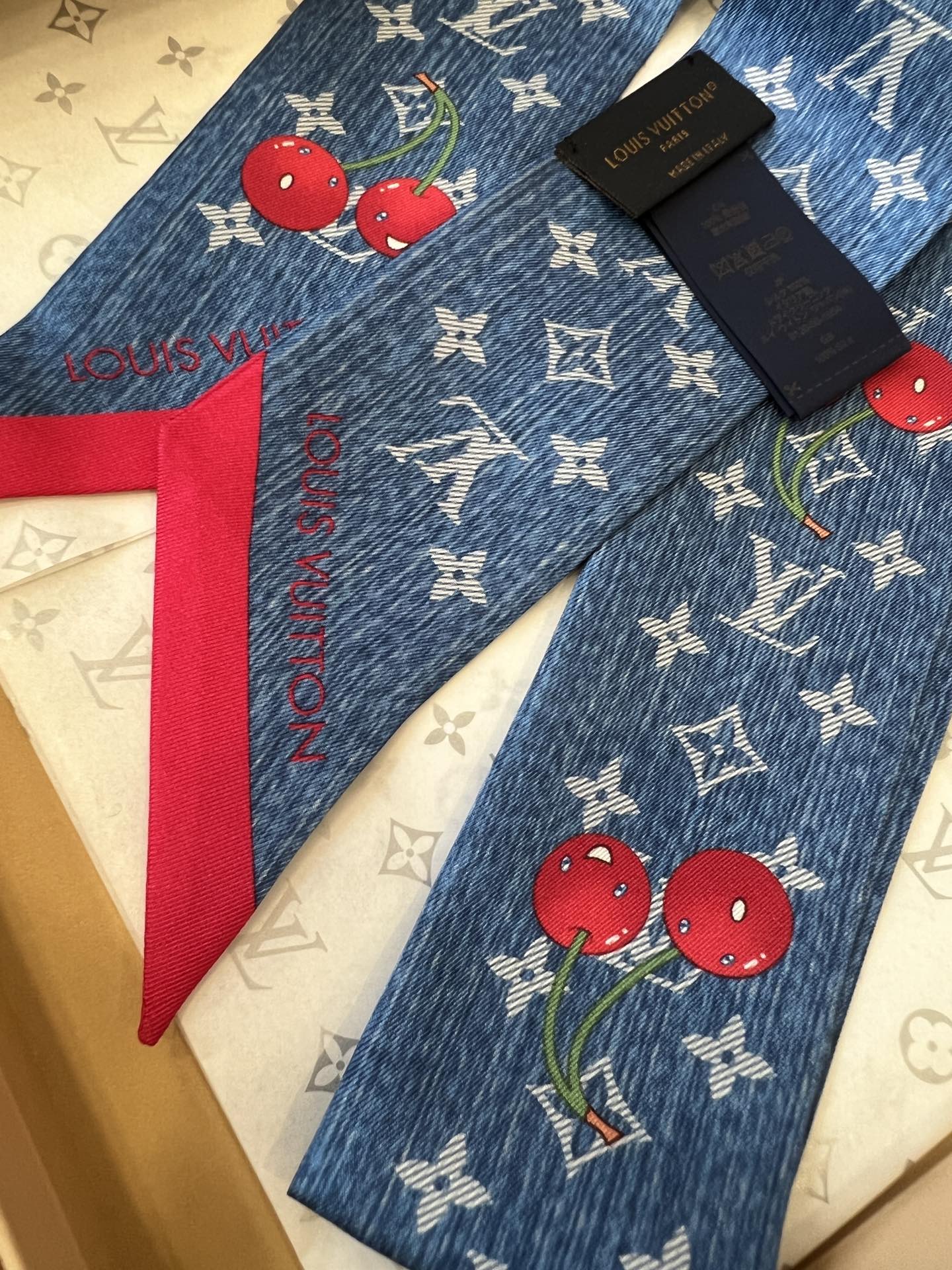 Lv x TM Denim Cerise Silk Hair Scarf
